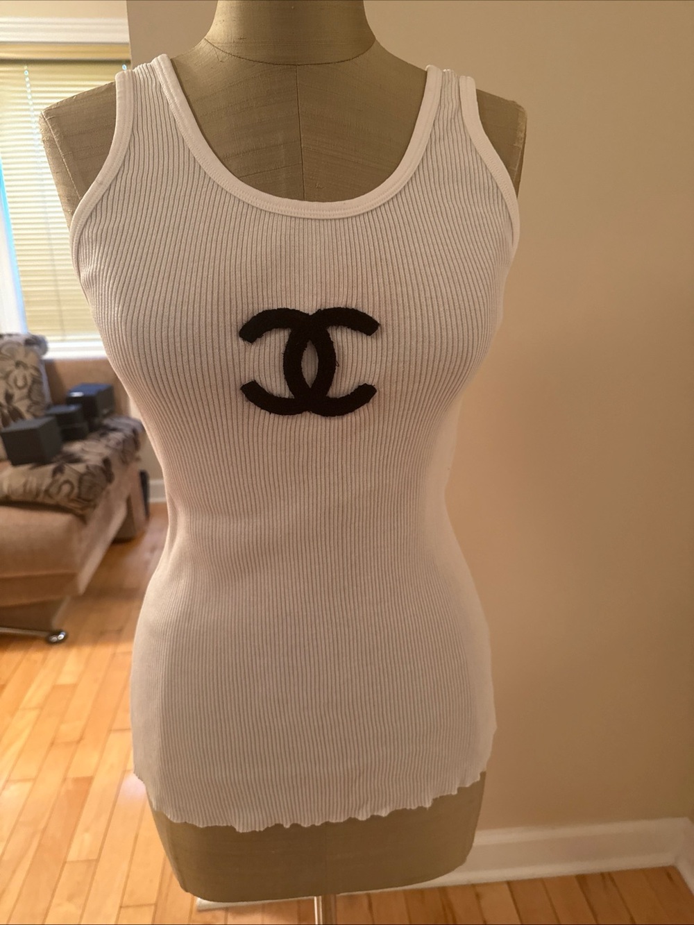 CHANEL White Ribbed Tank with Black CC Emblem